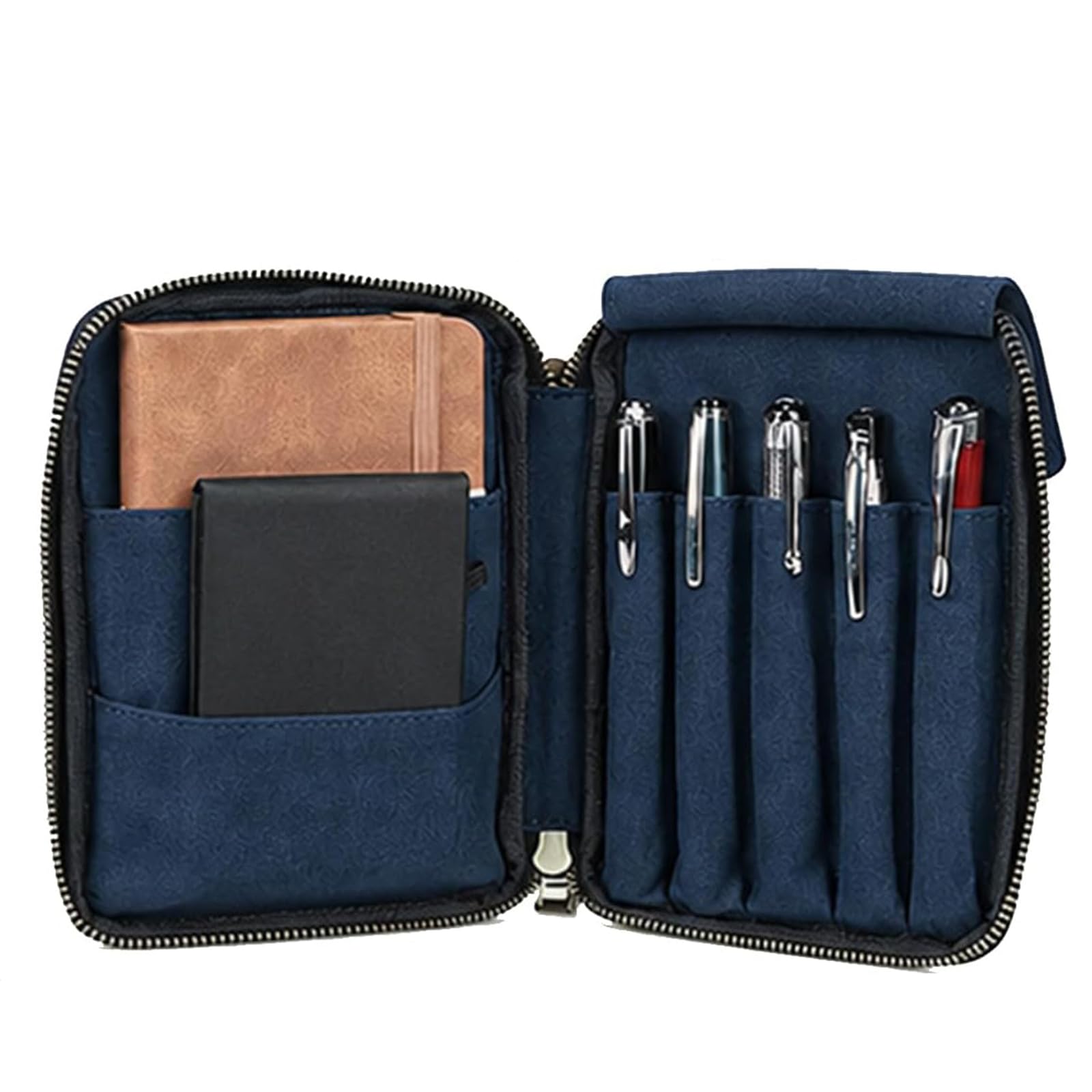 CONTACTS Fullgrain Leather 5 Pens Case Travel Organiser with A6 Journal Pocket Clutch,2 Notebook Pouch,Large Fountain Pen Holder,Vintage Soft Suede Interior,Removable Wrist Strap — image 1