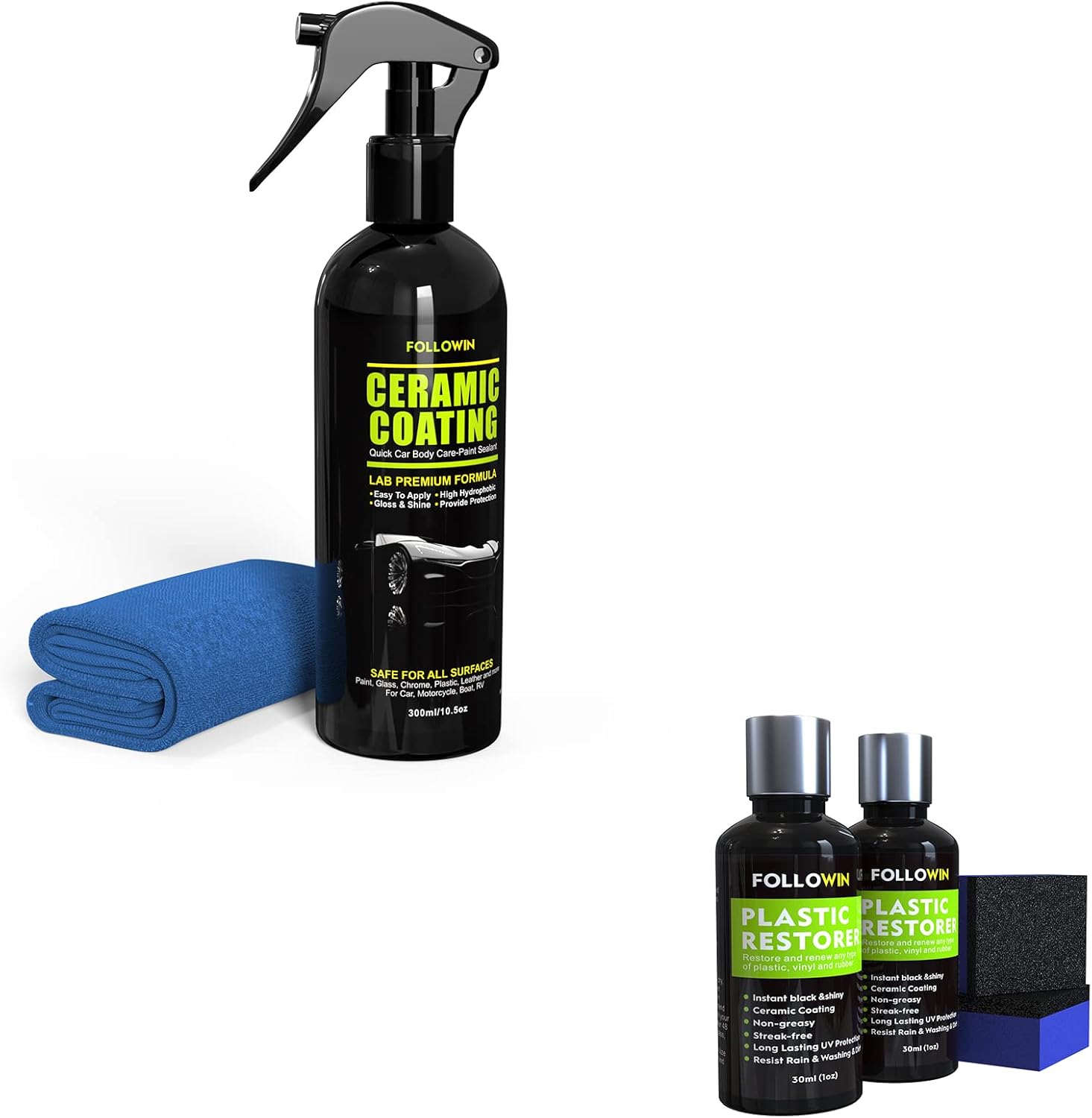 FOLLOWIN Plastic Restorer for Cars, Plastic Coating Exterior Black Trim Restorer, Ceramic Coating Quick Ceramic Coating for Cars,Rapid Ceramic Paint Sealant Kit,Detail Ceramic Spray-High Hydrophobic