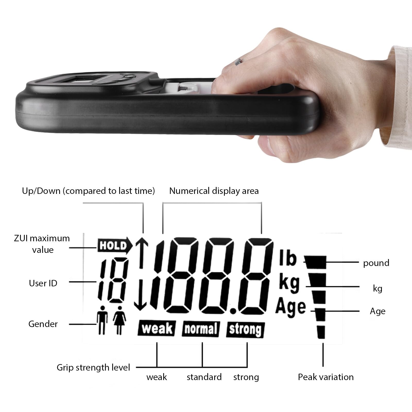 Dinamómetro Digital 180kg Dispositivo de medición electrónico Pantalla LED Accionamiento USB Inteligente y Sensible (negro)