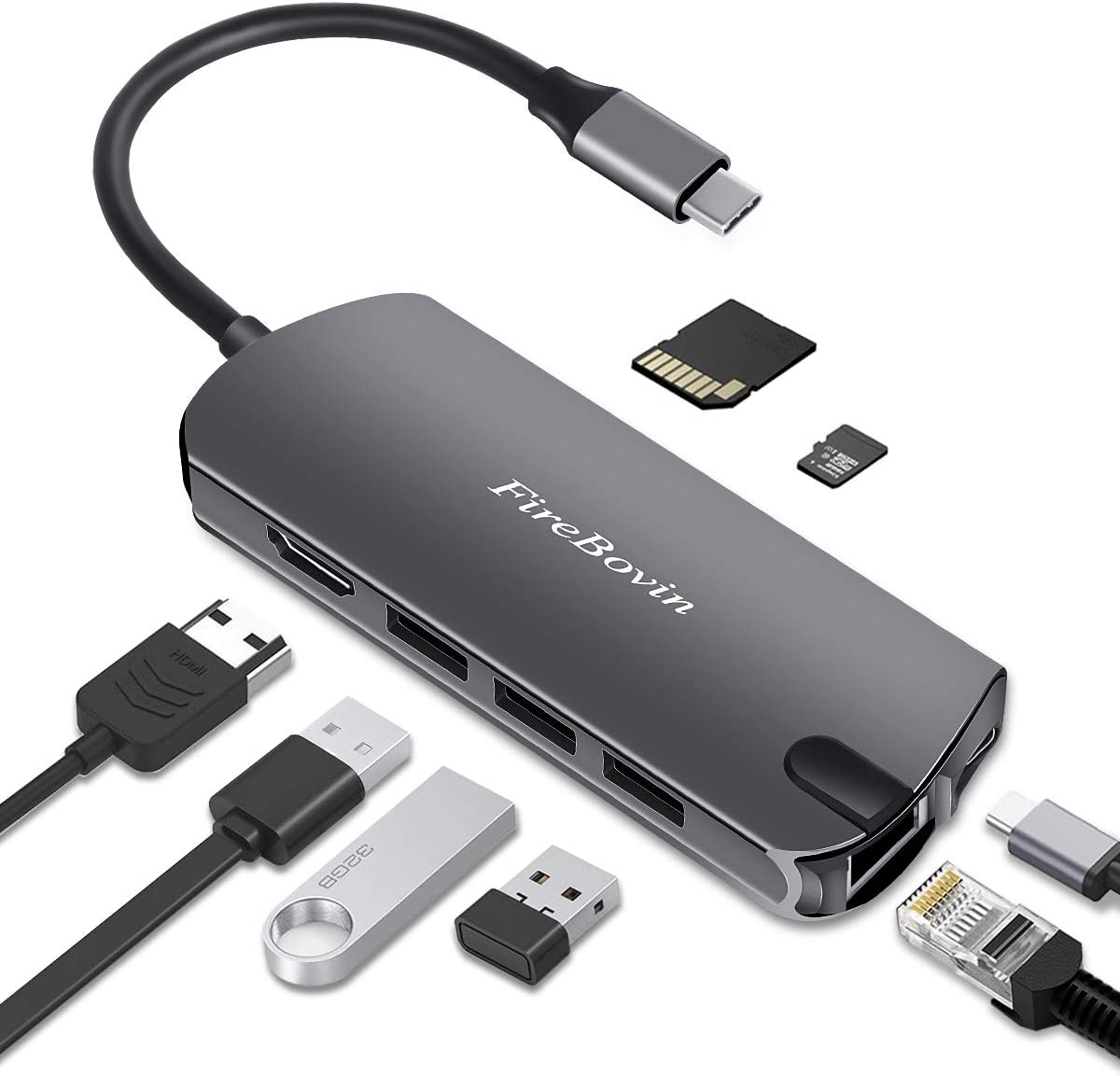 USB C Hub,8-in-1 USB Hub with Ethernet Port,4K USB C to HDMI,3 USB Adapter 3.0 Ports,SD/TF Card Reader,USB C Docking Station PD Charging,USB-c Hub for Laptop and MacBook Pro (Space Grey)