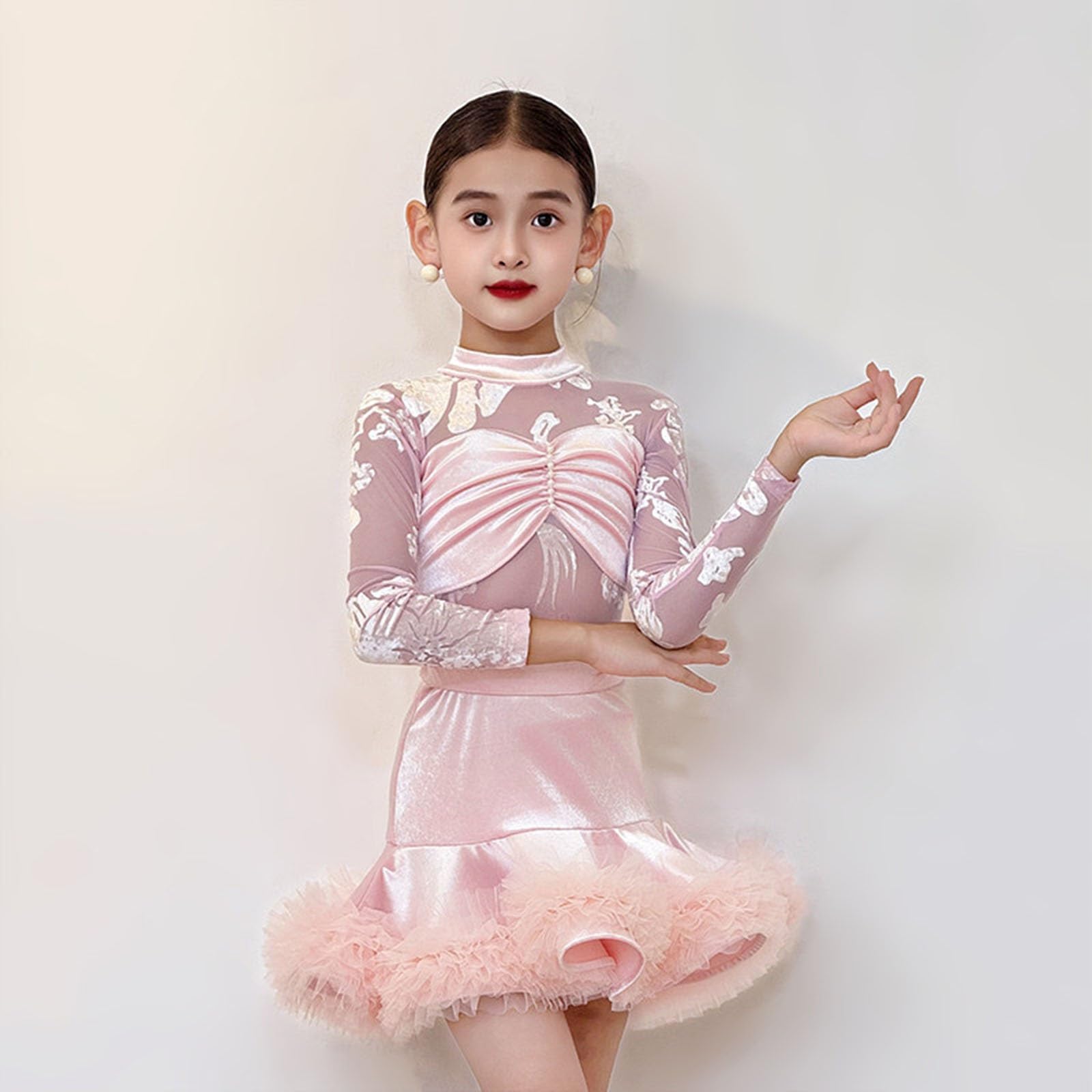 Vestido De Baile Latino De Manga Larga For Niña Leotardo Con Falda De Tul