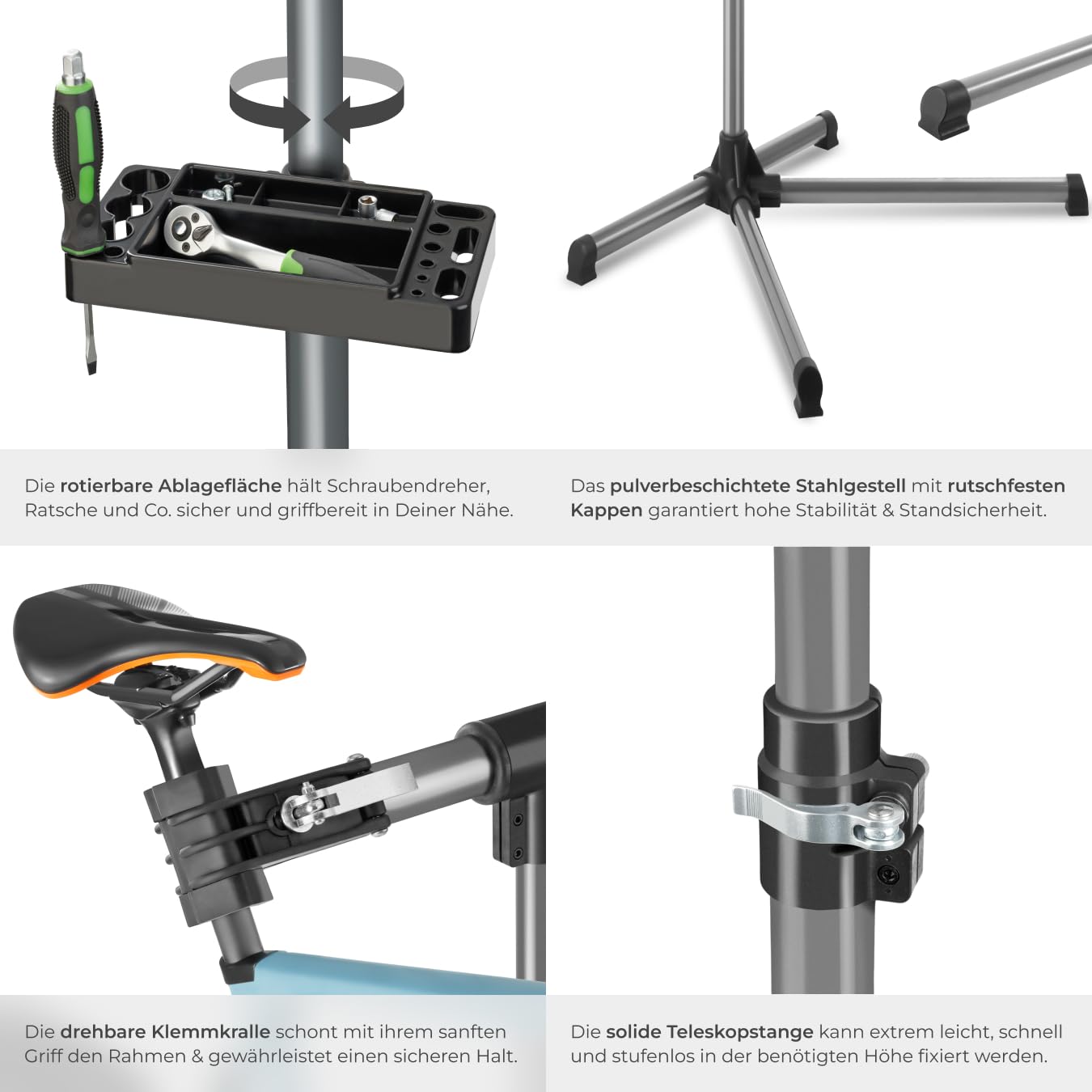 tectake® Fahrrad Reparaturständer Montageständer, Bike Stand für Fahrräder, Schnellspannsystem, Ständerfuß, Zubehör flexible Werkzeugablage, 