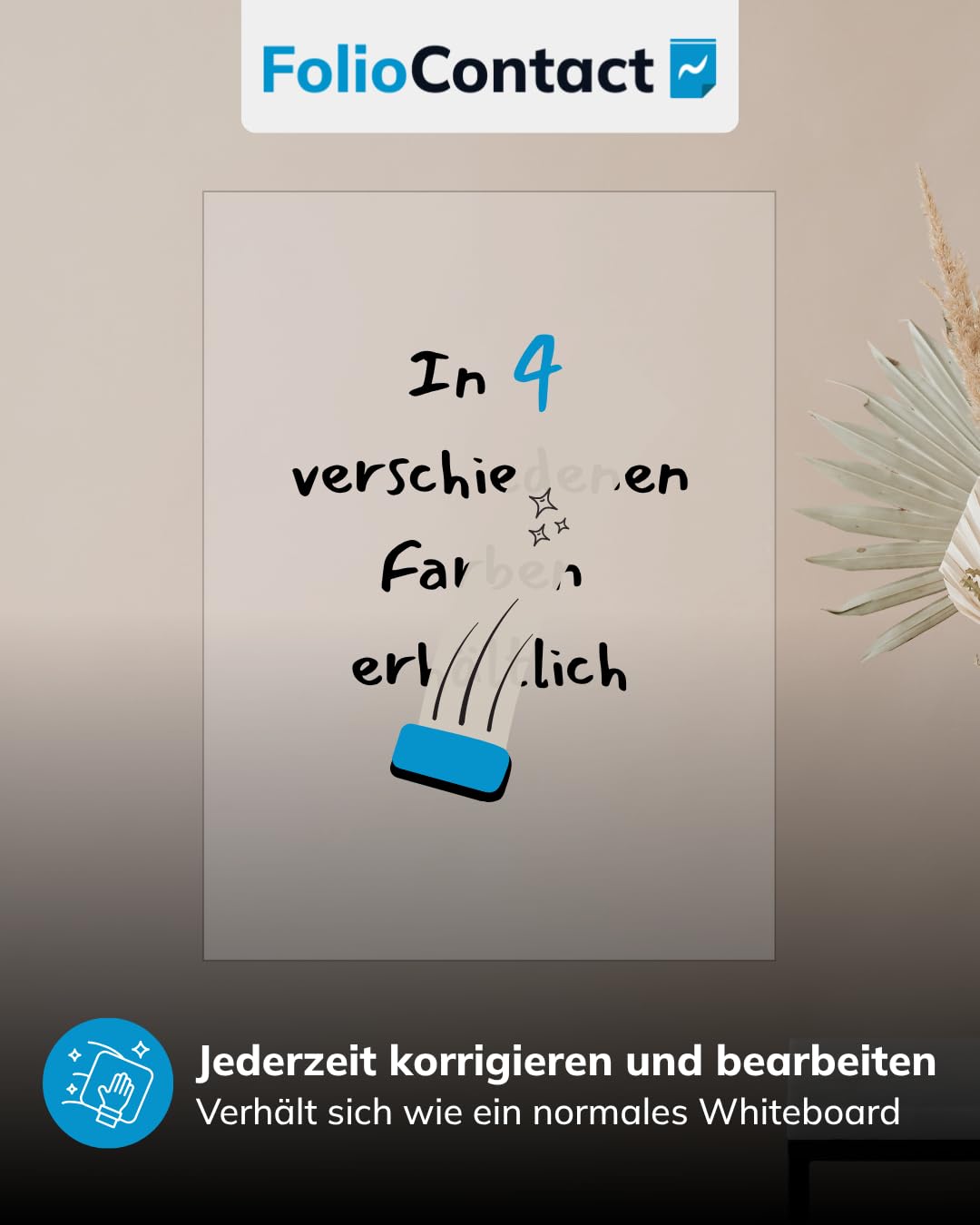 FolioContact Clearboard Folie transparent – statisch haftende Schreibfolie, wiederbeschreibbar & trocken abwischbar – ohne Kleber – 25 Blatt 60 × 80 cm inkl. Boardmarker für Glas, Wand & Büro