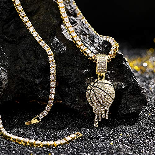 HH Bling Empire Mens Iced Out Hip Hop Silver Gold Artificial Diamond NBA Basketball Related Pendant cz Tennis Chain Necklace 22 Inch (Dripping Basketball -Gold, with Tennis)