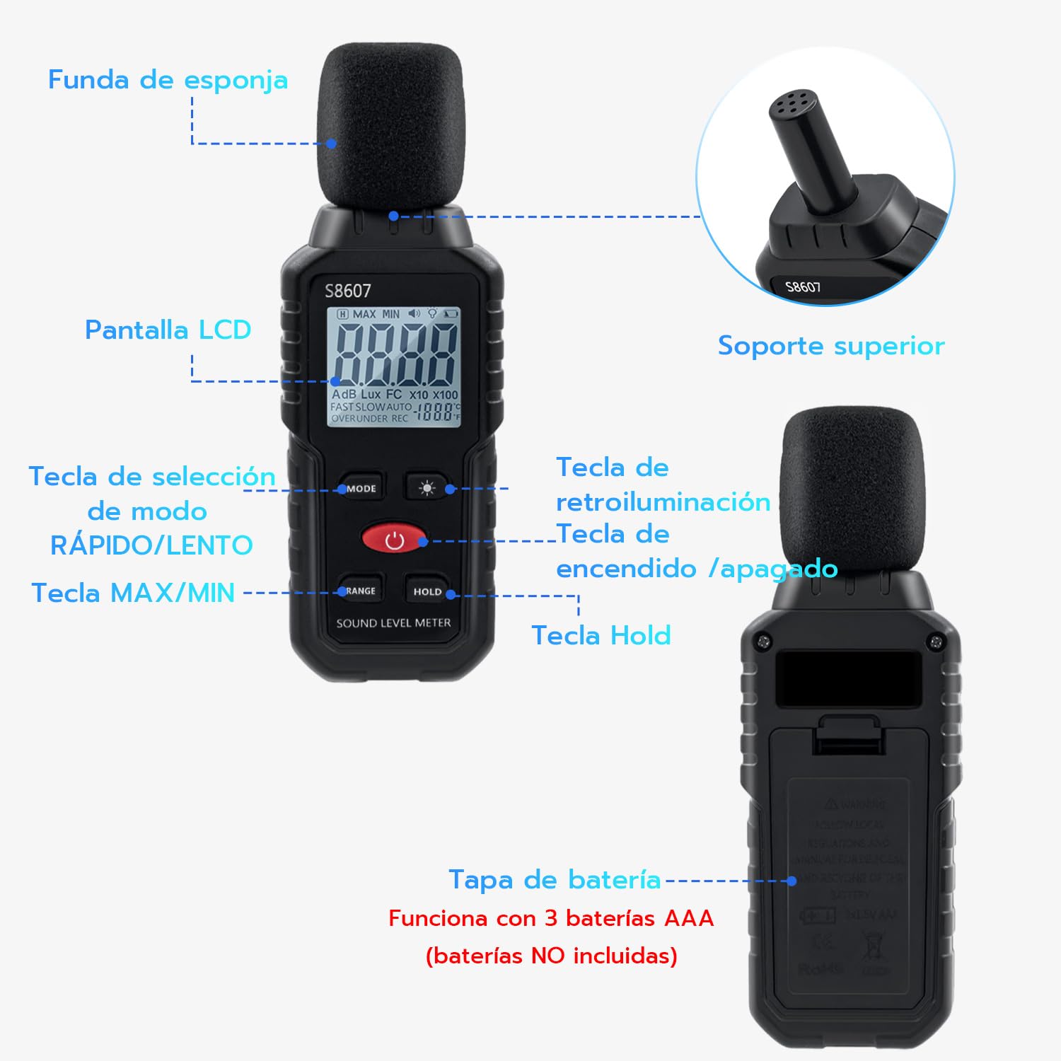 Mcbazel Digital Medidor de Decibelios, 30-130dB Medidor de Decibelios de Ruido con Pantalla LCD Digital Retroiluminada, Medidor de Sonido Portátil para Uso Industrial y Escolar