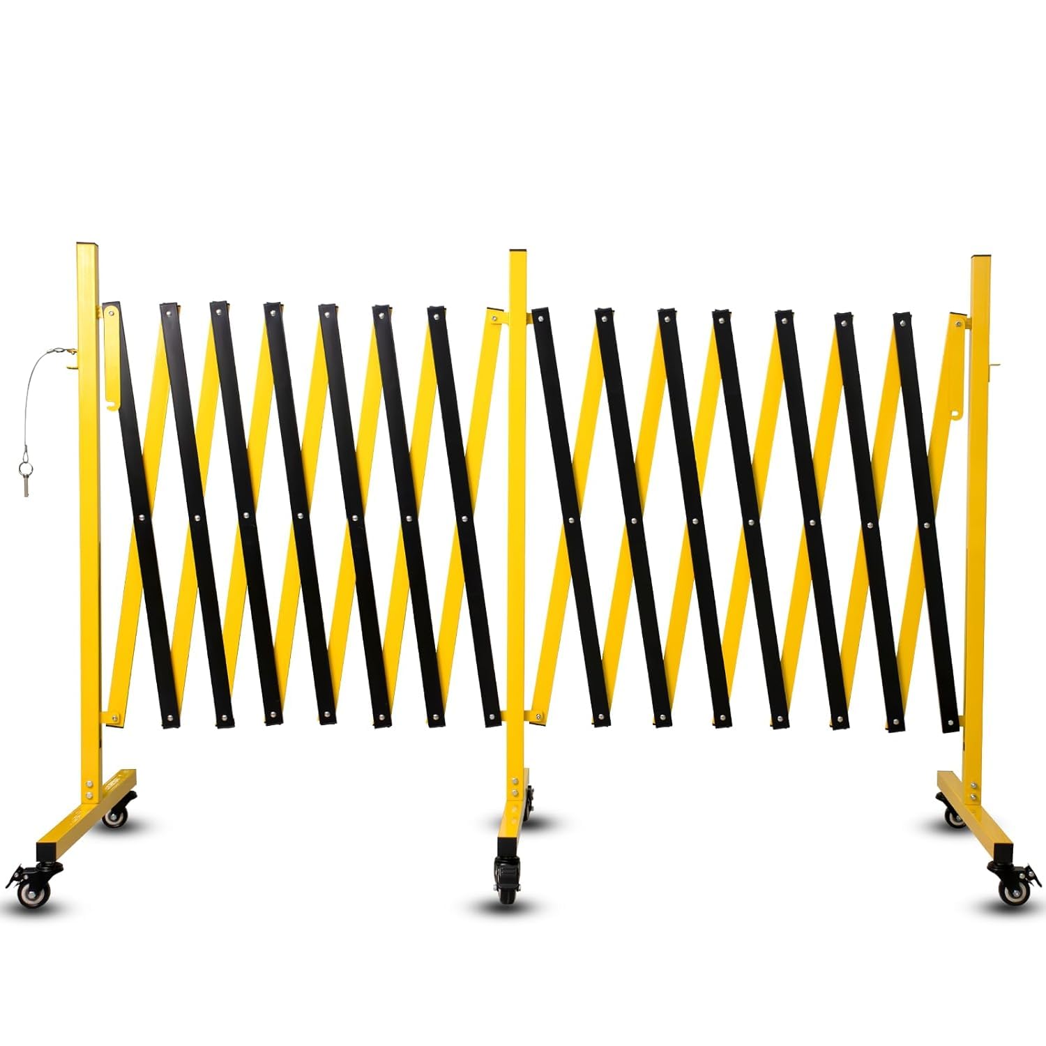 Metal Expandable Barricade with Casters, Collapsible Accordion Barricade Gate, for Home, Garage, Stores, Road Construction, Yellow. (23FT)
