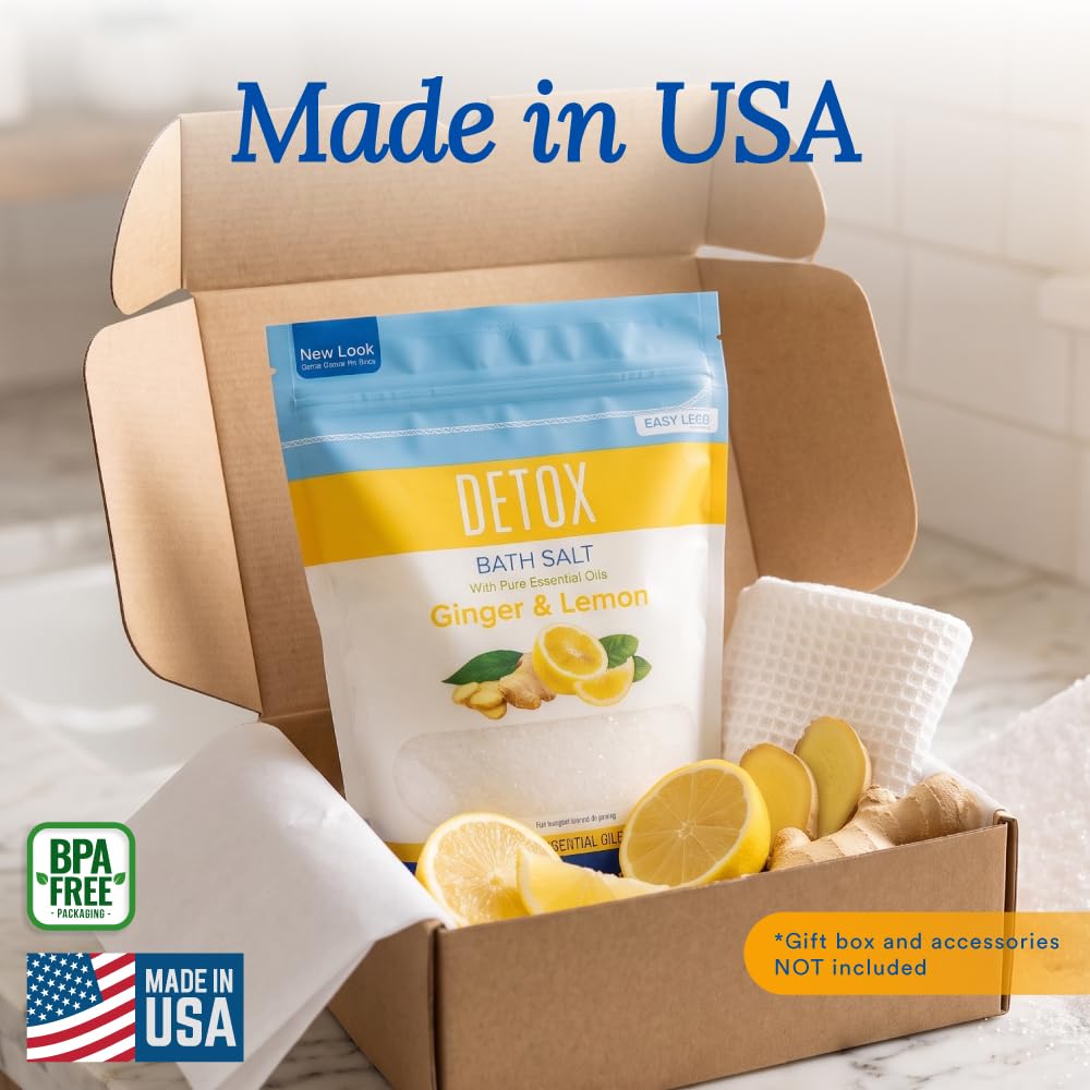 Sels de bain détox 907 ml de sel d'Epsom aux huiles essentielles naturelles de gingembre et de citron plus vitamine C dans un sac sans BPA avec fermeture éclair