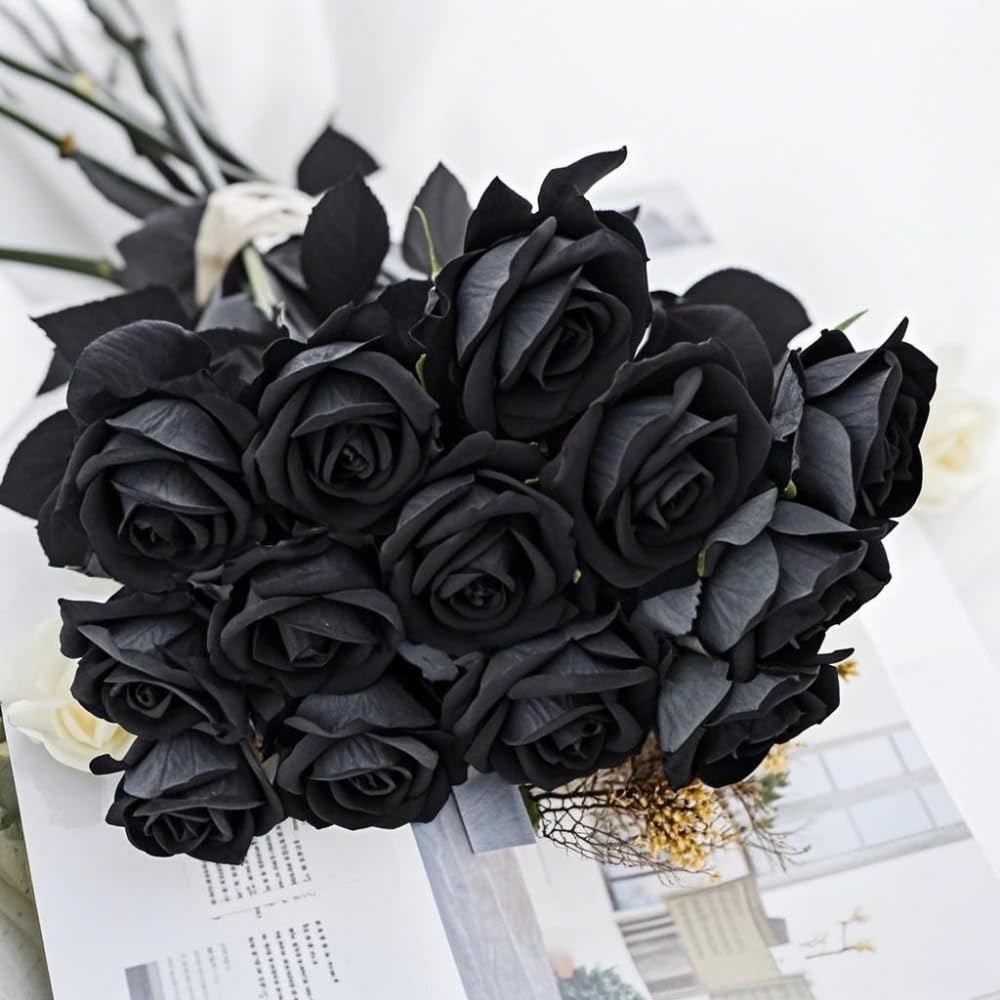 Roses Artificielles Noires – 12 Pièces, Tiges Flexibles, Pétales En Soie Réalistes – Décoration Mariage, Anniversaire, Jardin, Intérieur