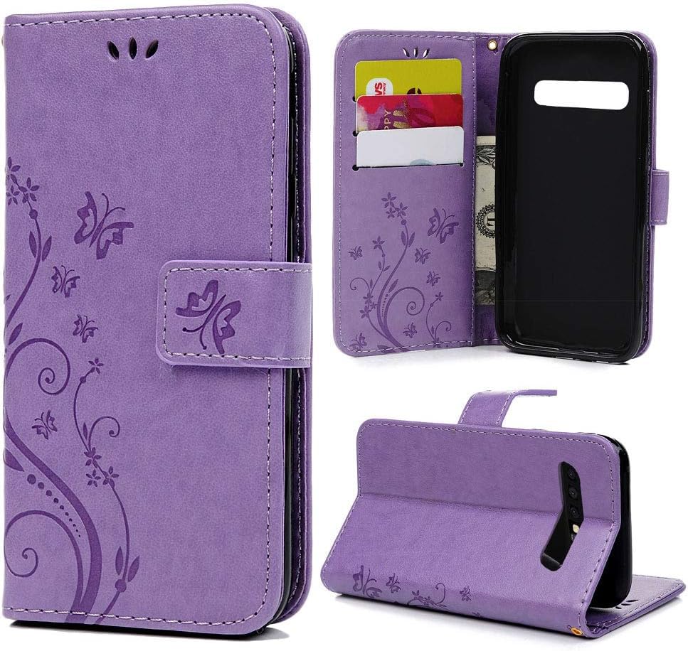 Samsung Galaxy S10e Case Premium PU Leather Flip Phone Cover Butterfly and Flower Embossed Wallet Protective Case for Samsung Galaxy S10e with [Kickstand] Card Holder, Light Purple