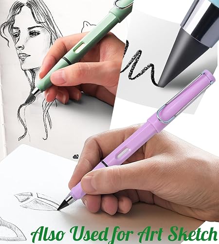 Miniatura 6 de FLTON Juego de 9 lápices portátiles borrables sin tinta (3 lápices eternos con borrador + 6 puntas reemplazables) para escribir y bocetos artísticos