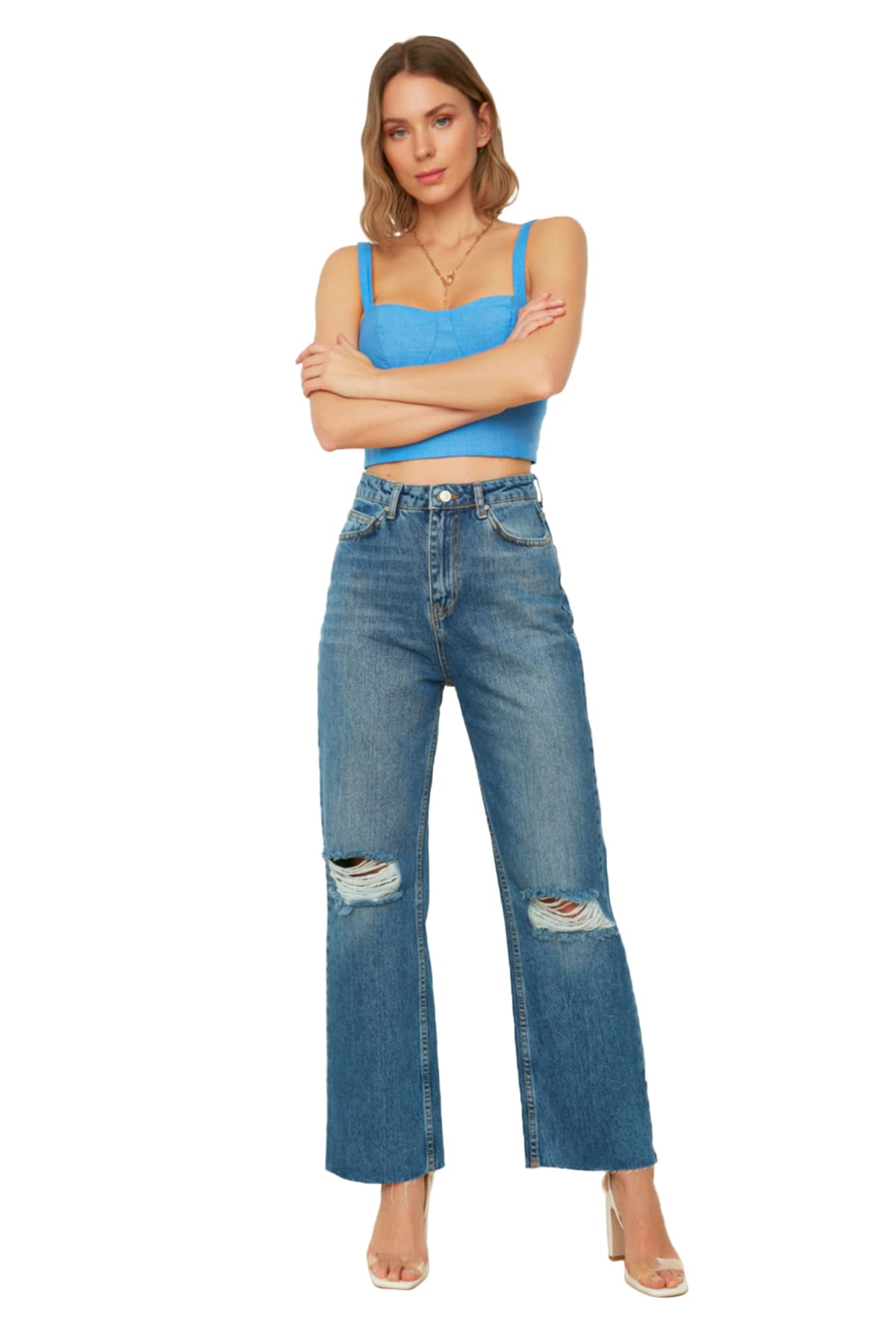 TRENDYOL Damen Trendyol Ripped Detailed High Waist Wide Leg Jeans, Dunkelblau, 36 EU