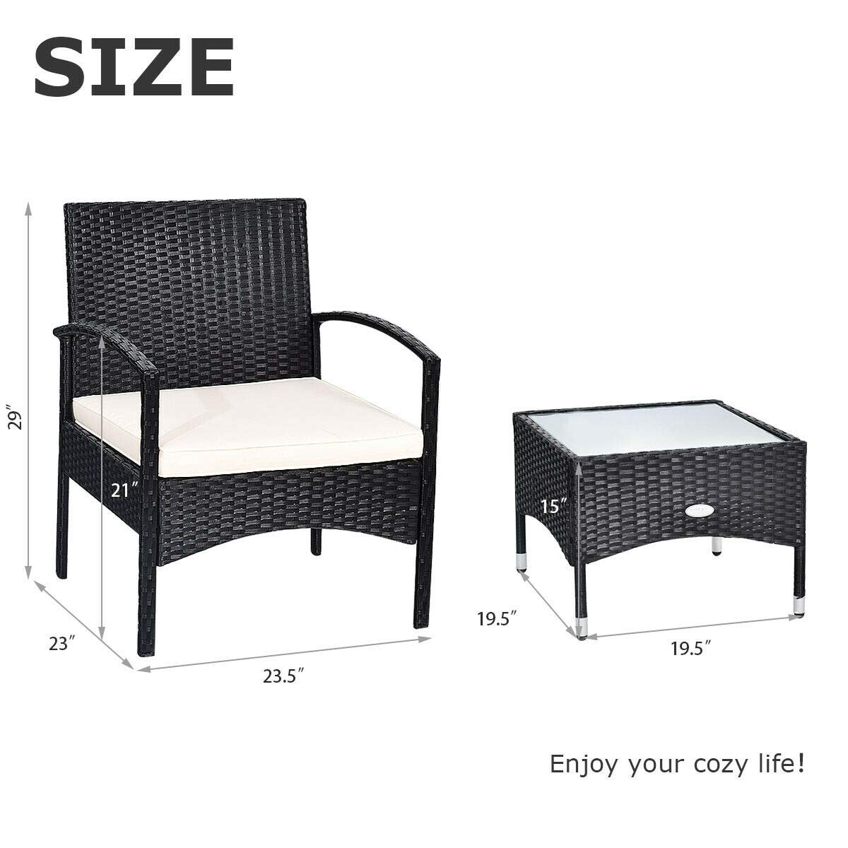 Juego de 3 muebles de mimbre para patio, sofá de ratán al aire libre y mesa de centro de cristal, juego de mesa de mimbre bistró con cojín suave para patio, jardín, césped, patio trasero junto a la piscina 3