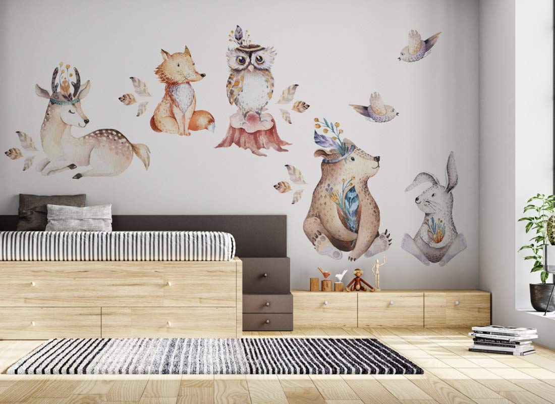 Adesivo da parete con animali della foresta I cervo, volpe, orso, uccelli, per cameretta dei bambini, os8807 (145 x 120 cm)