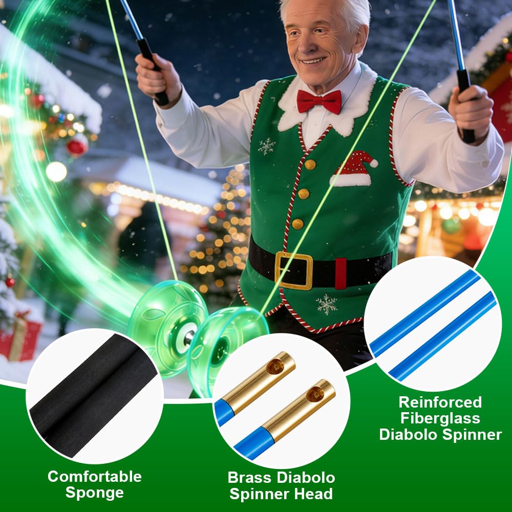 Diábolo con Rodamiento LED, Diábolo con Rodamientos de Bolas, Juego de Malabares de Goma Suave Transparente con Cuerda de Repuesto y Bolsa, Deportes de Ocio para Principiantes, Verde