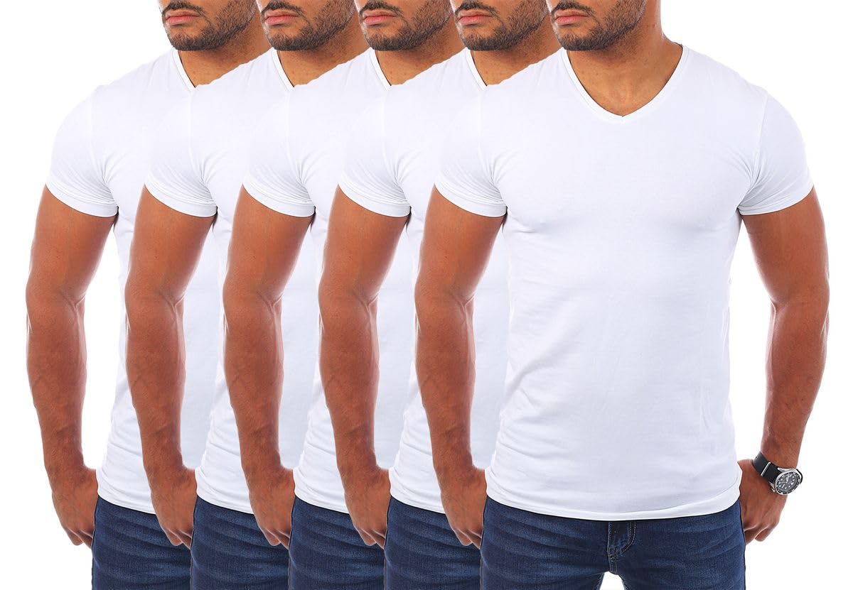 Young & Rich Herren Uni T-Shirt mit V-Ausschnitt Basic V-Neck Tee mit Stretchanteilen einfarbig Slim fit 1700