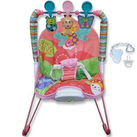 Safe-O-Kid Sonora Baby Bouncer with 1 Year Warranty, Multi-Position Reclining, with Music, Vibrations, Safety Harness and Toy Bar- Pink