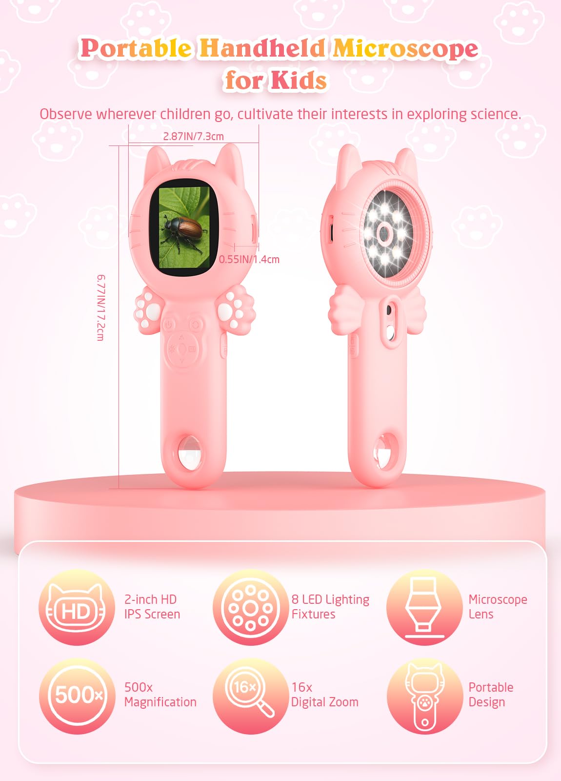 PHNIXGAM Mikroskop für Kinder, Mini Pocket Handheld Kid Mikroskop für Kleinkinder, Bildungswissenschaft Kit Digital Spielzeug, Weihnachten Geburtstag Geschenke Spielzeug für 3+ Jahre alte Mädchen für