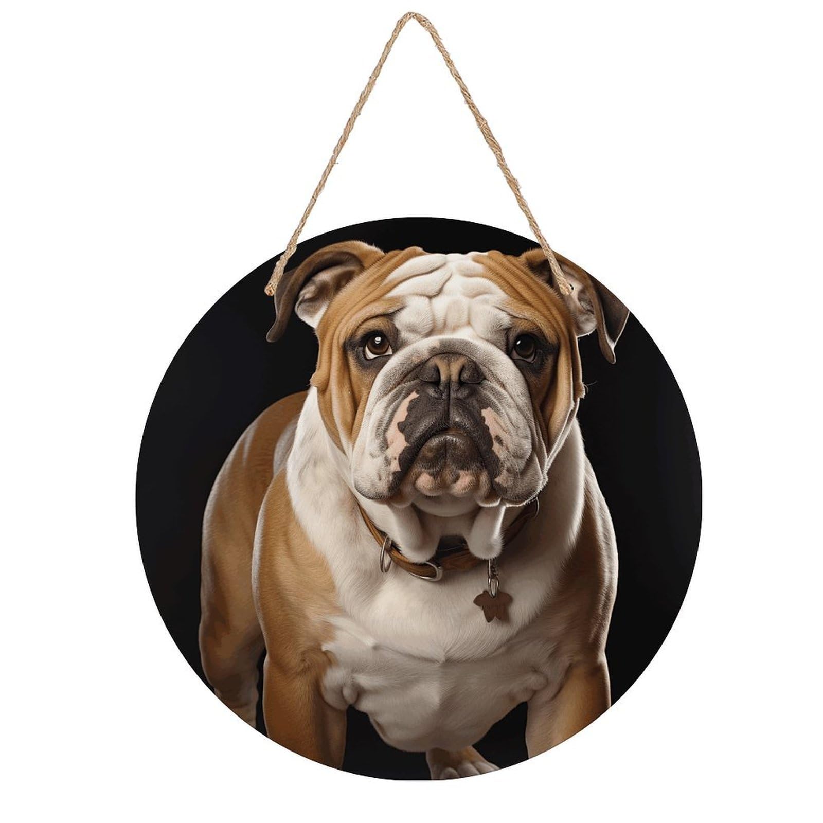 VstaDank English-Bulldog Wall Art Decor with Ropes Wooden Hanging Sign Hanging Wall Decor Artwork Round Wood Painting Modern Wall Prints Decor Picture for Office Bar Home Decors