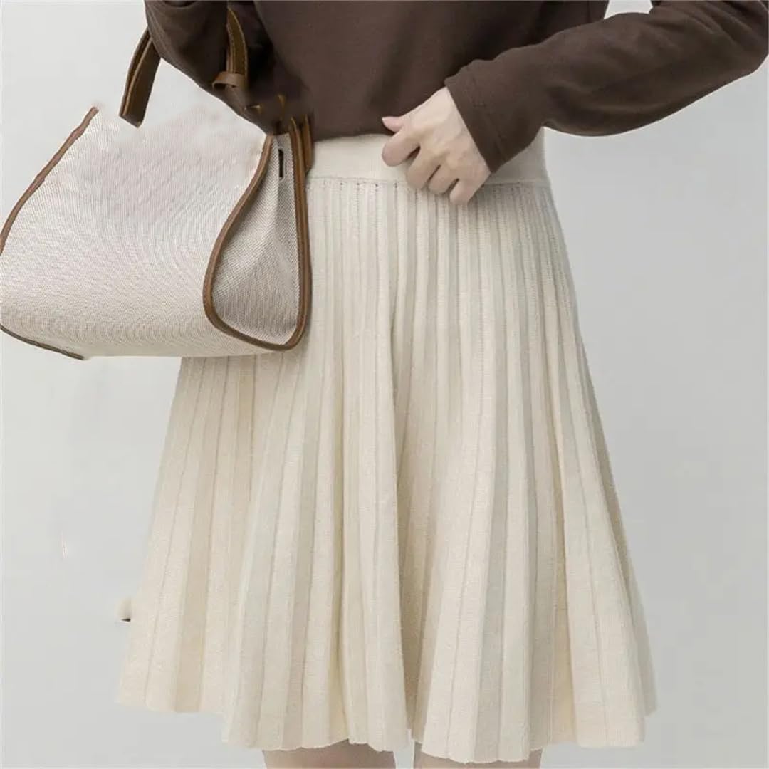 Donne Inverno Coreano Gonne A Pieghe Vita Alta Solido Sottile A-Line Gonna Lavorata A Maglia