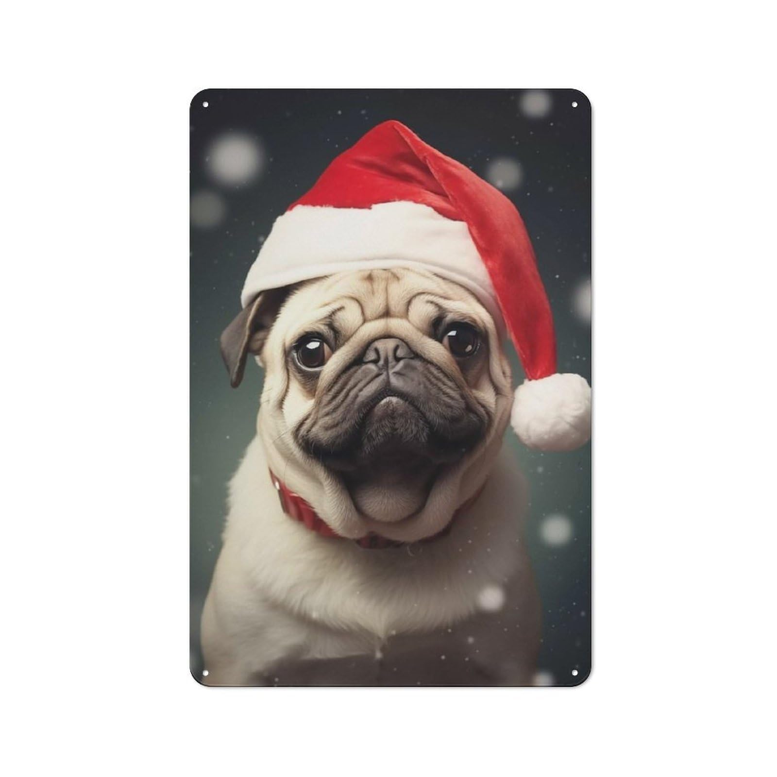 Junmoney Xmas Pug Wall Art Retro Tin Wall Plaque 30X20cm Featuring For Garage Wall, For Vintage Wall Decor Fans, For Themed Room Decoration