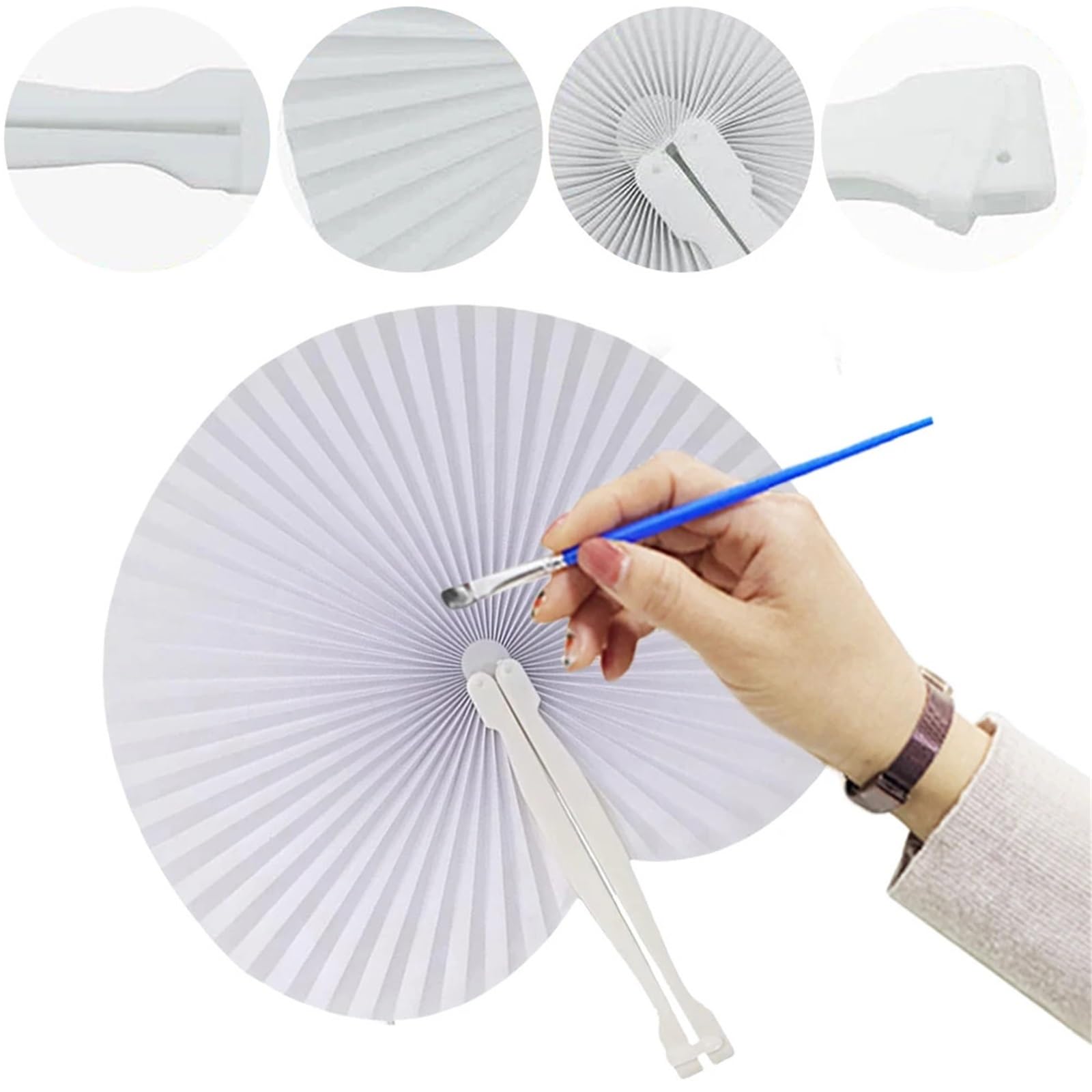 Weißer Faltfächer aus Papier for Kindergeburtstage, Partys, Hochzeiten, Gastgeschenke, runder Handfächer for Selbermalen mit Kunststoffgriff Für Party(50pcs)