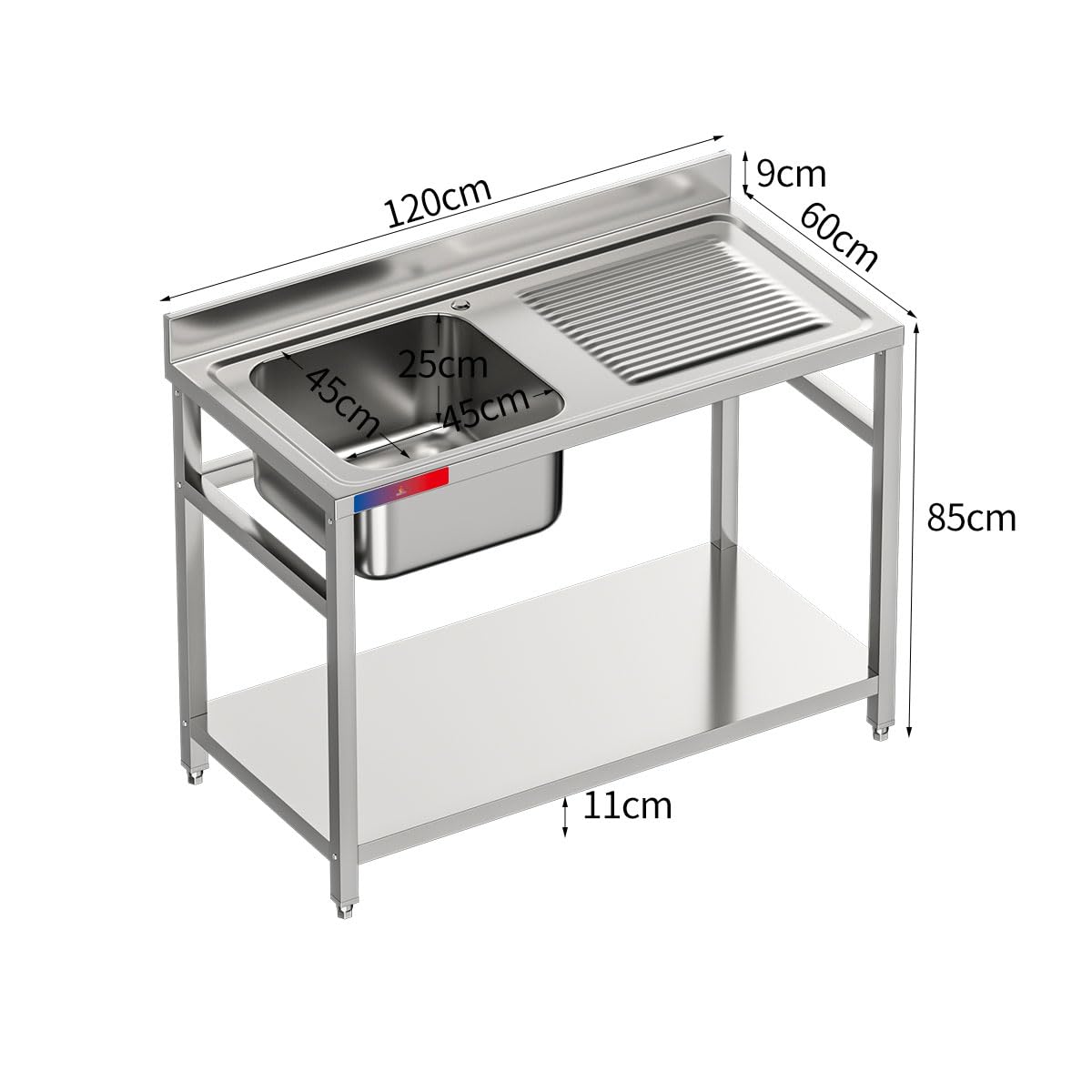Fregadero Industrial con Balda Acero Inoxidable, 1 Seno con Escurridor, 1200x600x850mm, Barra de Refuerzo y Patas Regulables, Ideal Hostelería y Bares (Izquierda, Grifo monomando codo)