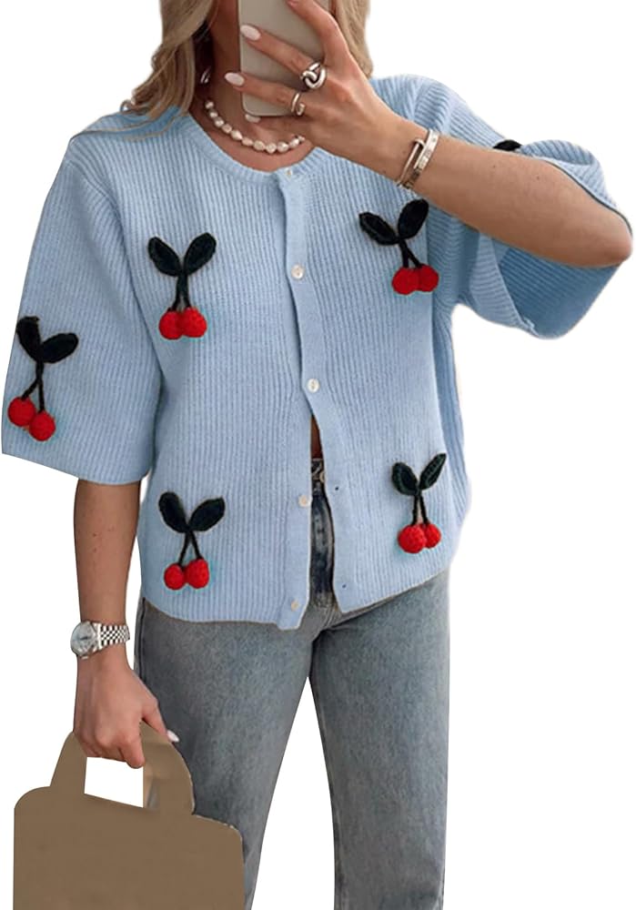 Pivanzore Women's Button Down Cropped Cardigan Cute 3D Cherry