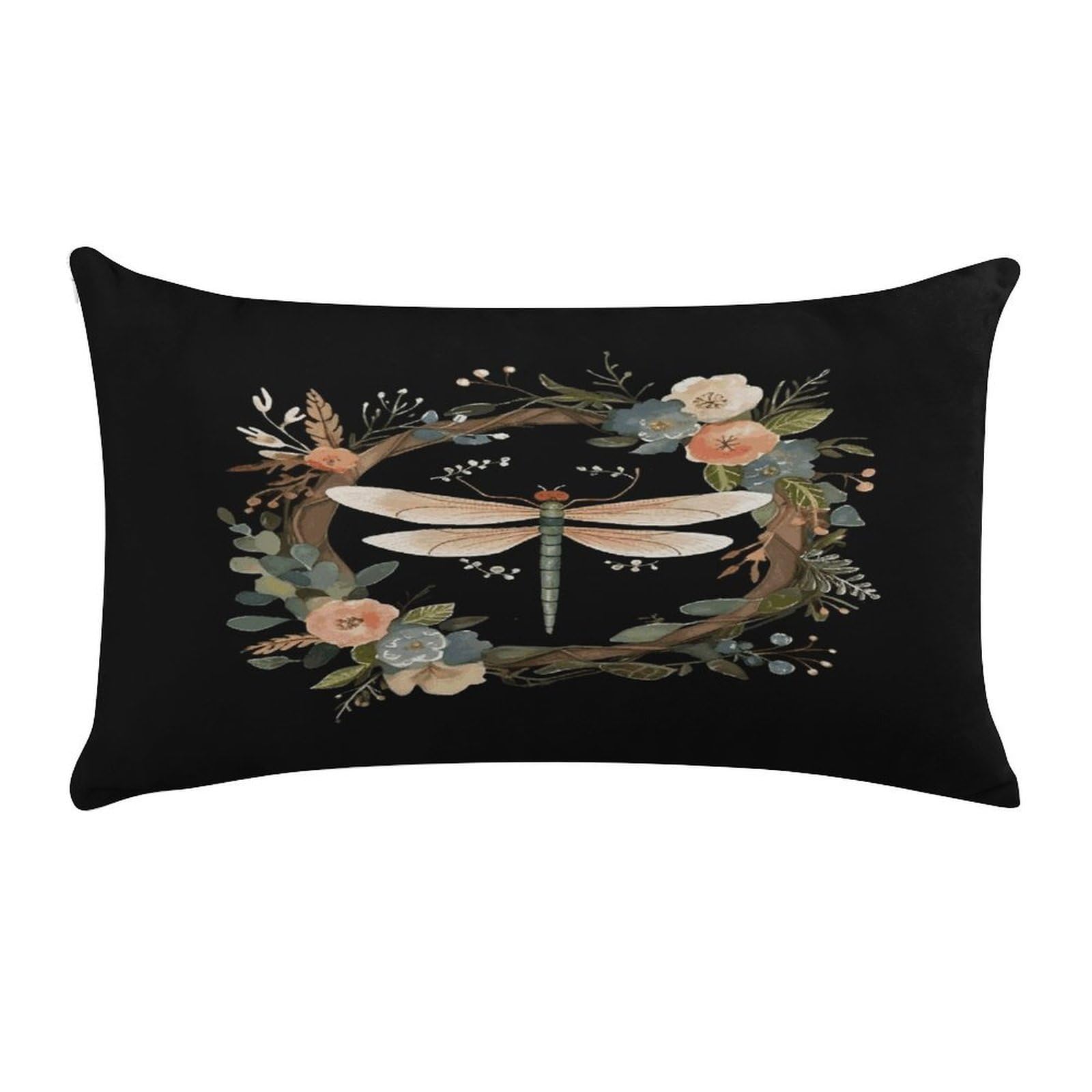 Image of Dragonfly in Wreath Pillow Cover Super Soft Pillowcase Luxury Cozy Fuzzy Velvet Pillow Shams Breathable Standard Pillow Cases with Zipper Wrinkle-Free Pillow Cover 12 "×20 "