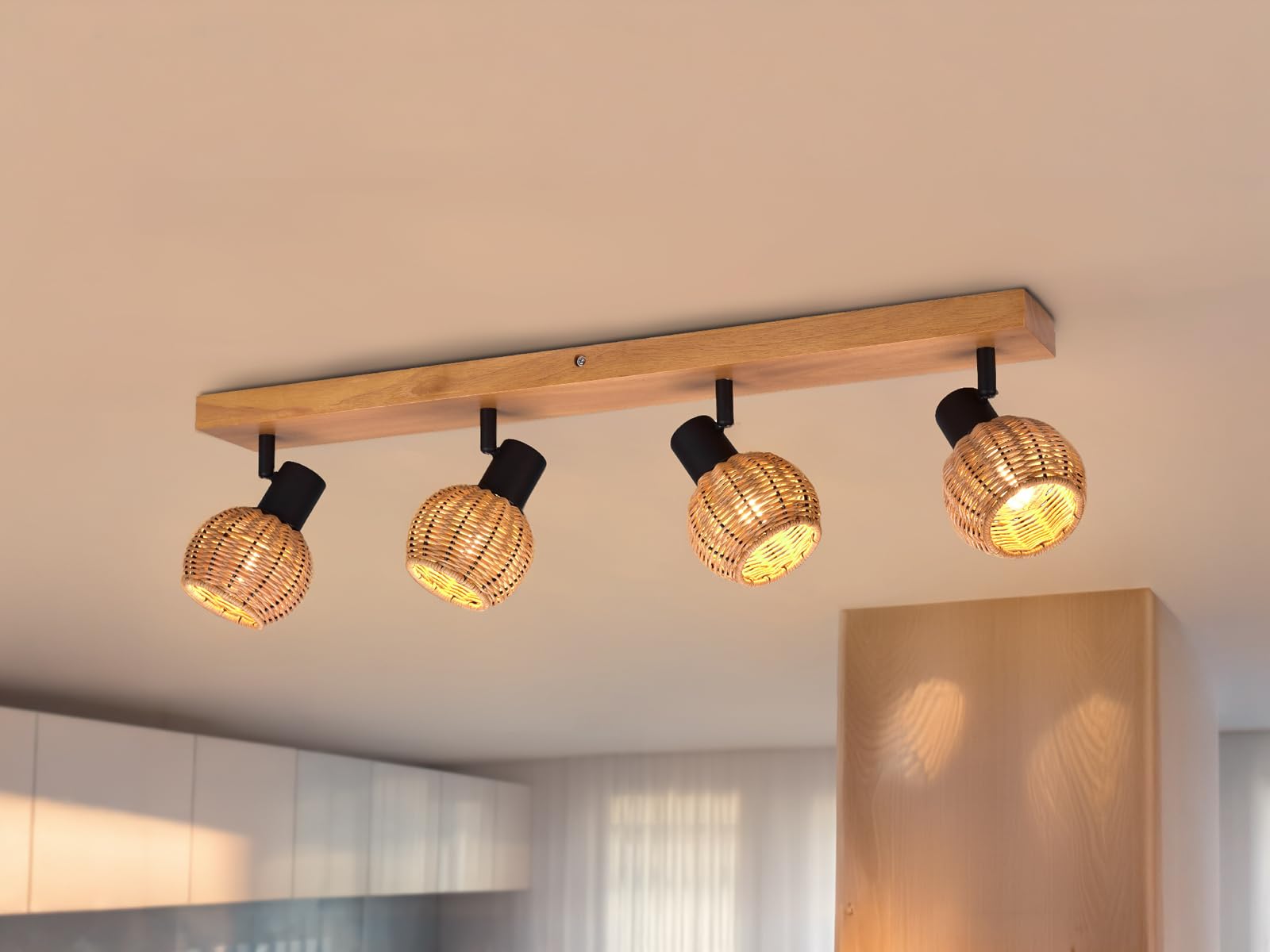 meineWunschleuchte Decken-Strahler Holz & Rattan, Spots schwenkbar
