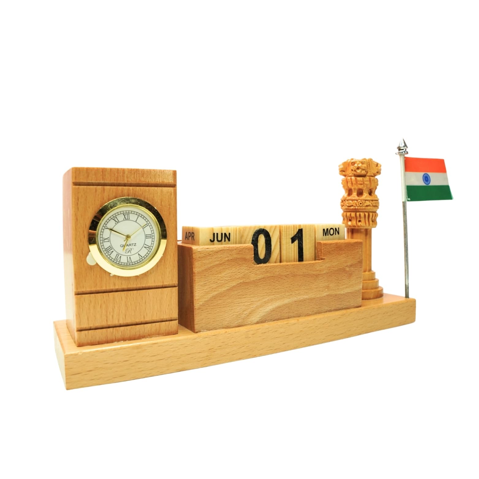 Wooden Desk Organizer with Pen Stand,Mobile Holder,Flag,Ashoka Pillar,Clock,and Calendar-Stationery Personalized Office Accessory For IAS,Advocates,Office&Corporate Gifts,Brown-image-9