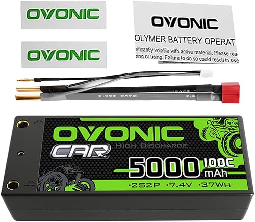 Miniatura 2 de OVONIC 2S Shorty Lipo Battery 100C 5000mAh 7.4V Lipo Batería con conector tipo Bullet Dean de 0.157 in estilo T para vehículos RC 18 110 de 18 110