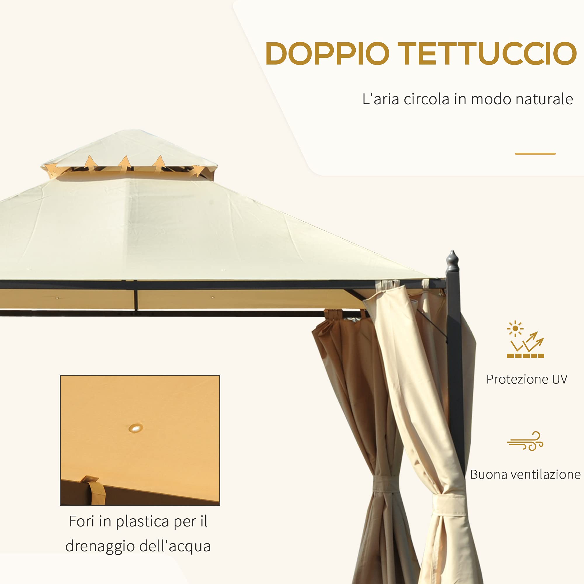 Outsunny Gazebo da Giardino 3 x 3m 4 Tende Laterali Doppio Tetto Beige | nan