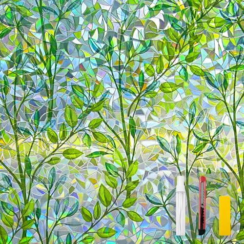 Countewol Window Privacy Film Stain Glass Window Film Rainbow Window Film Window clings Non-Adhesive Reusable Decorative for Room (Leaf Rainbow, 17.5 x 78.7 in)