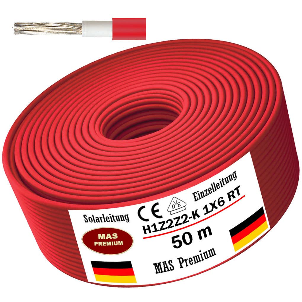 Cable solar H1Z2Z2-K 4, 6 o 10 mm², cable solar de 5 a 200 m, negro, rojo o azul, cable fotovoltaico, sin halógenos, doble aislamiento (H1Z2Z2-K 6, rojo, 50 m)