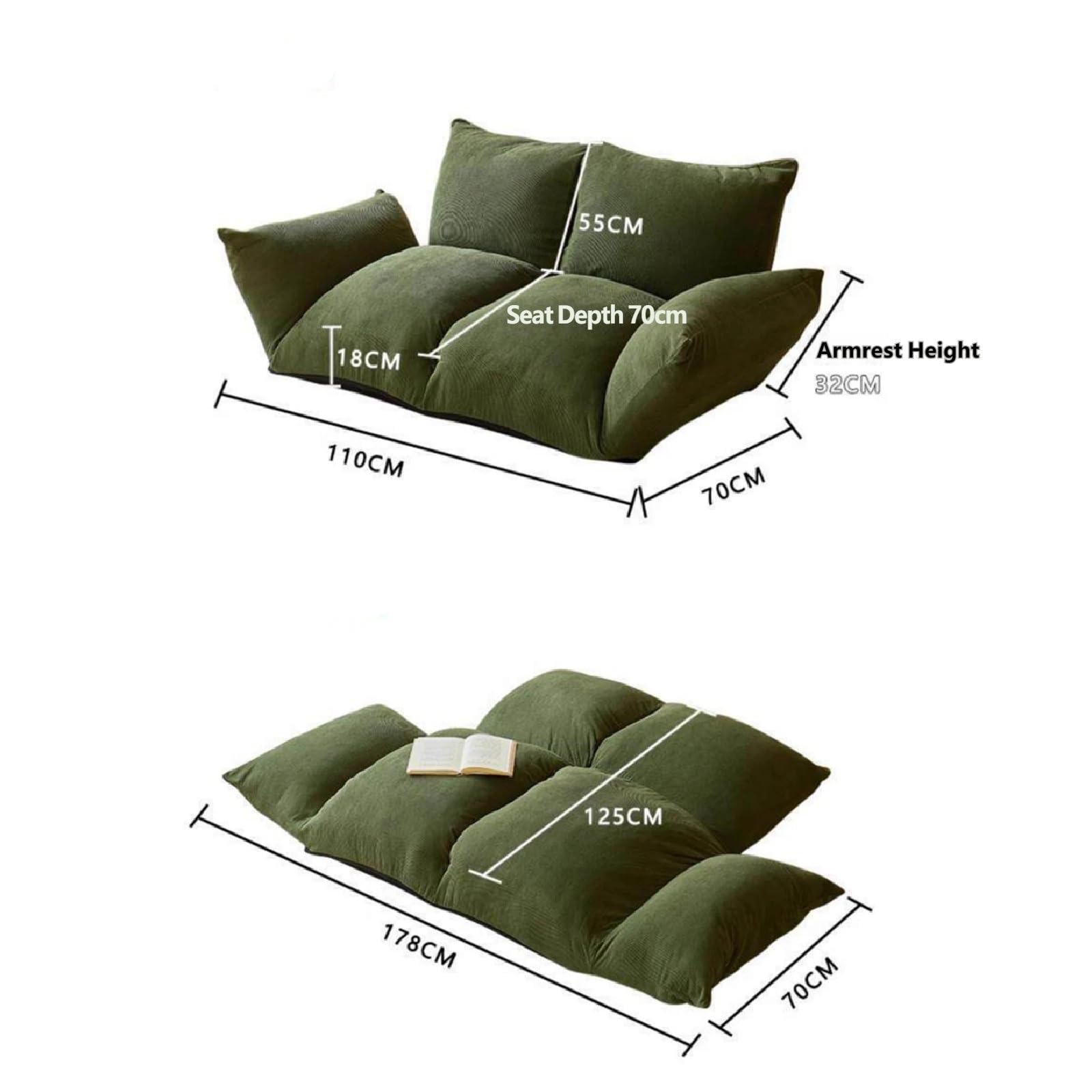 Krzesło torba fasola Składana dmuchana sofa Mała podłogowa z poduszką i oparciem Sofa do sypialni(Green,Duży)
