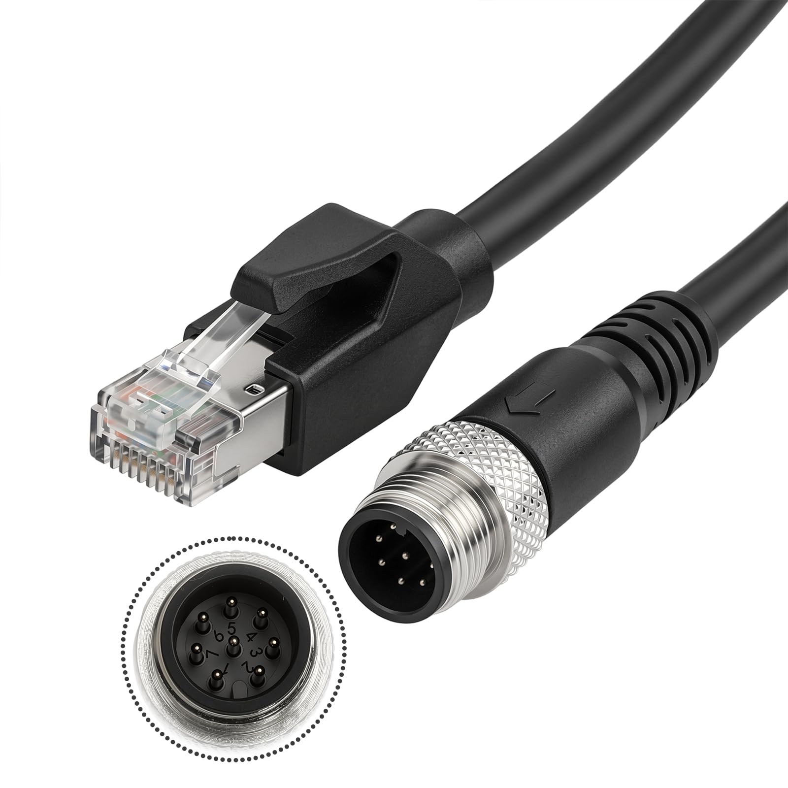 Cable blindado M12 de 8 polos macho A-Code a RJ45 Ethernet Cat-6 para cámara industrial Cognex (negro, 20 m)