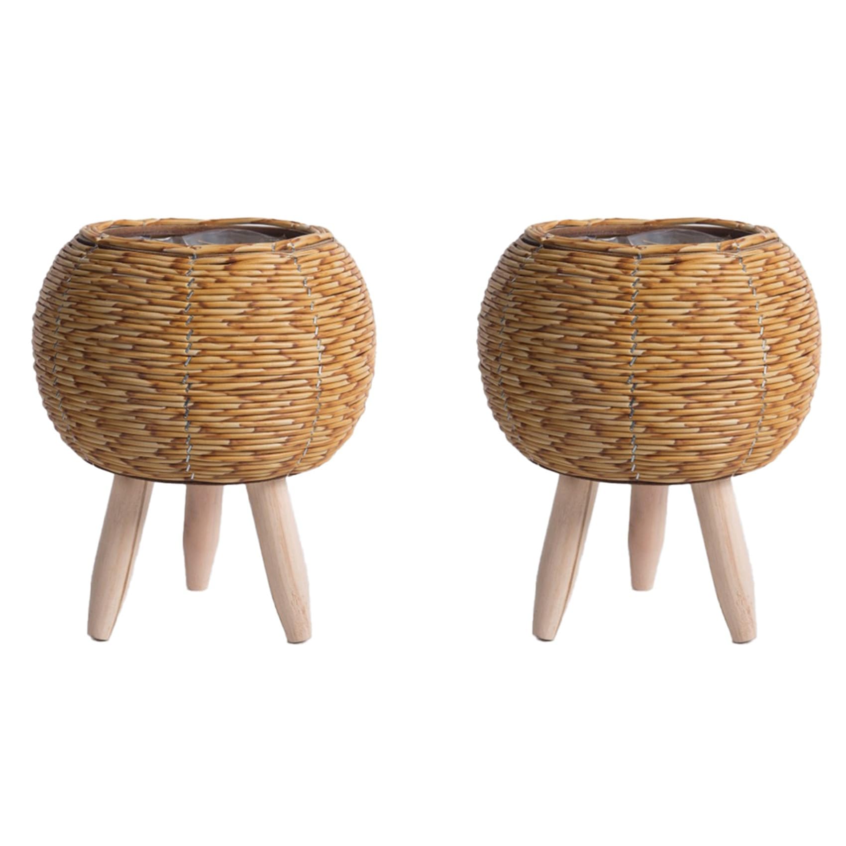 Vjsujehgy 2X Imitation Rattan Woven Flower Shelf Handmade Storage Basket with Wooden Legs Plant Pot Stand Holder,A