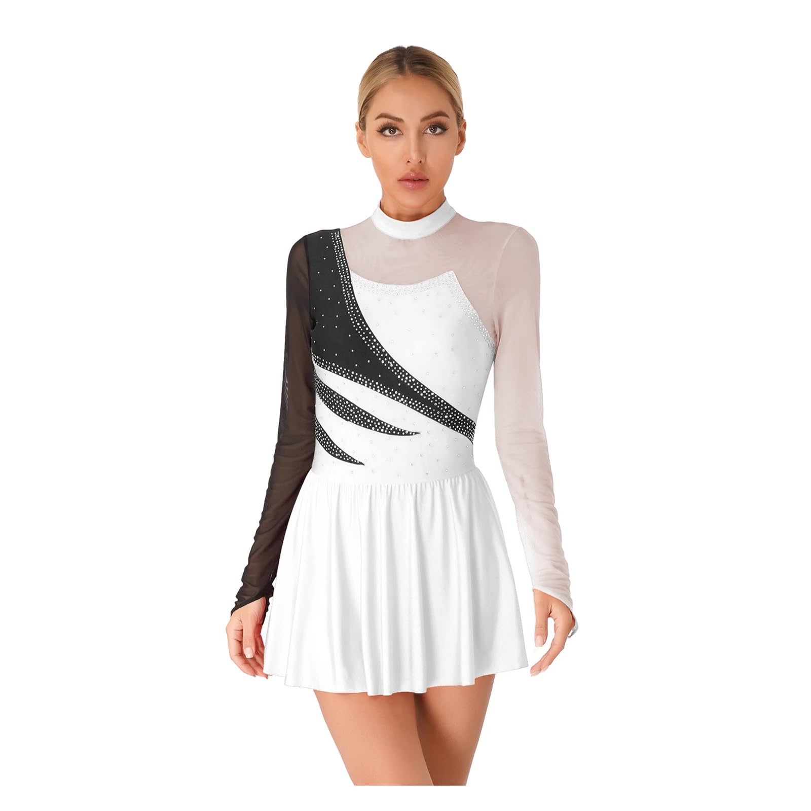 Damen Eiskunstlaufkleider Performance Strass Ballett Tanz Trikot Kleid Transparentes Netz Langarm Eislaufen Kostüme FüR MäDchen Und Damen