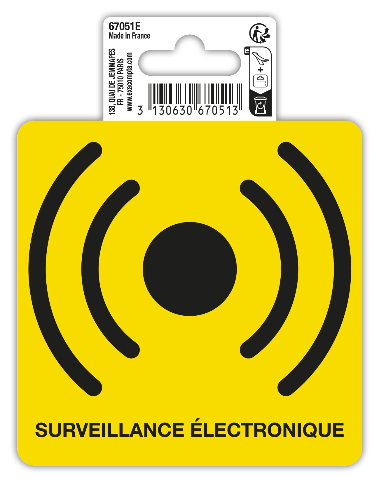 Exacompta - Réf. 67051E - 1 pictogramme adhésif Surveillance électronique - En vinyle PVC traité anti-​dérapant - Finition brillante - Dimensions : 10 x 10 cm Coloris : noir sur fond jaune