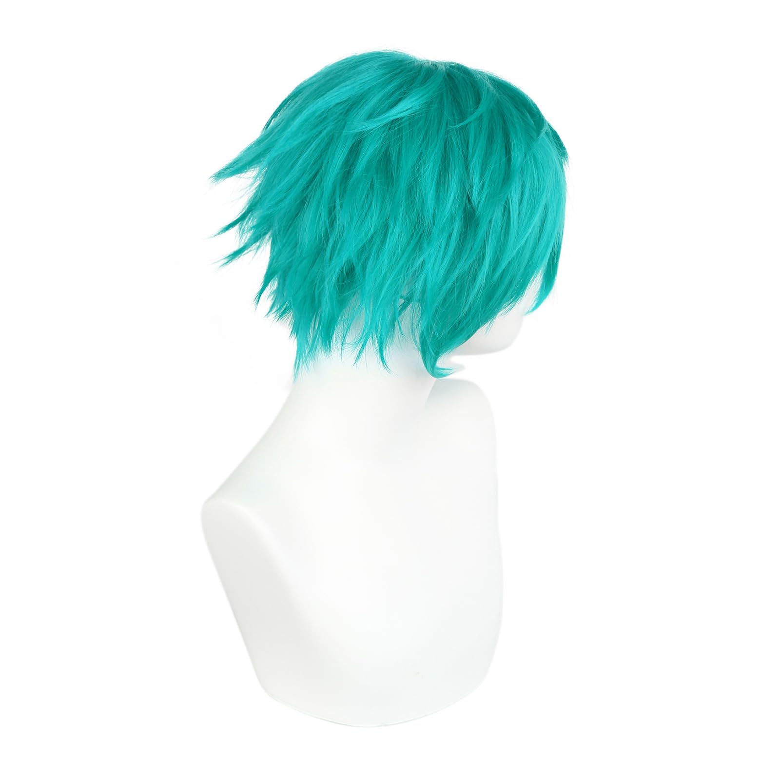 BEKIDER+1 Hair Cap Short Teal Green Wig for Men Teal Green Wavy Wig with Bangs for Halloween Christmas Event Costume Party - Image 4