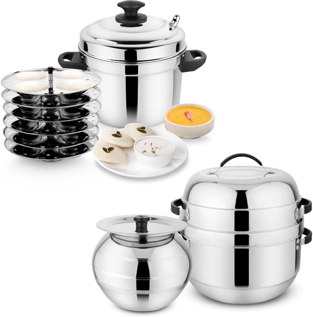 Prabha 6 Plate Idli Makers & Thermal Rice Cooker 1.5 kg | Fast Heat Cook N Serve Delight Cooker Stainless Steel Rice & Noodles Cookers | Steamer idly Maker Cookware Serving Pot Choodarapetty Pot & Rubber Gasket