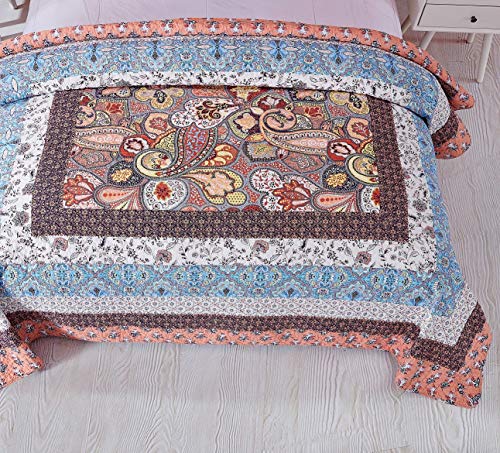 Tache Cotton Patchwork Bohemian Geometric Paisley Damask Ditsy Floral Orange Blue Reversible Lightweight Coverlet Mosaic Paradise Quilt Set, California King #TOP6