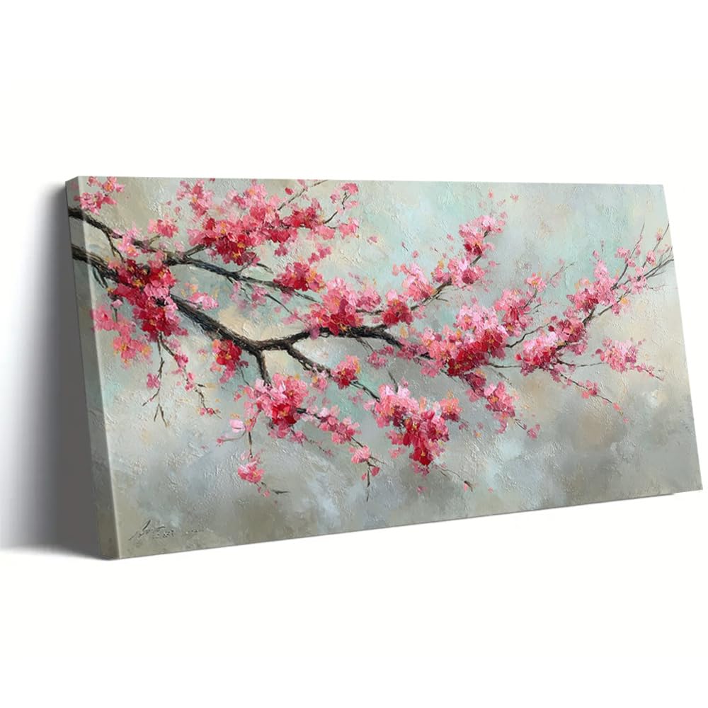 AEFOUU Cherry Blossoms Canvas Print Pink Wall Art Modern Minimalist Home Decor Wall Pictures for Living Room Bedroom House(65x130cm/26x52in/Frameless)