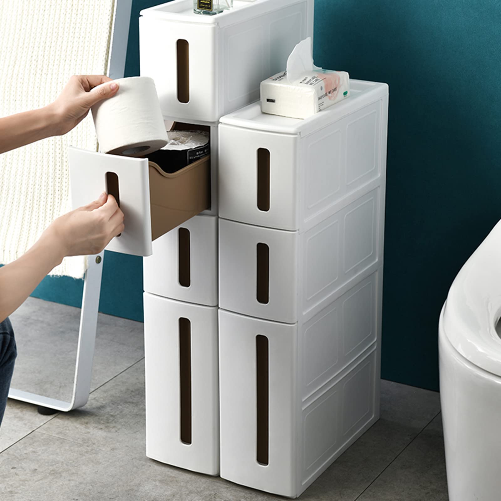 Schmaler Badezimmerschrank mit 4 Ebenen, Kaktdesign, weiß, mit Kunststoffdern, für Küche, Wohnzimmer, Schlafzimmer, WC, Kakt-Design, 14 cm breit, platzsparend, Solut