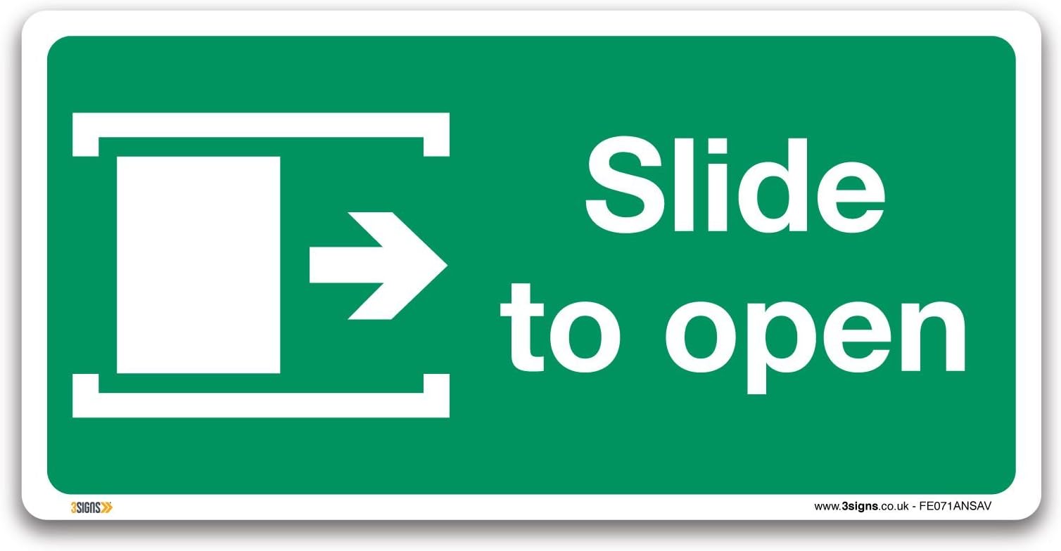 Pack of 2 Slide to open right Fire exit Sign, Plastic or Vinyl Sticker, British Standard Fire Safety Door Signs - Self-adhesive Vinyl, 100 x 50mm