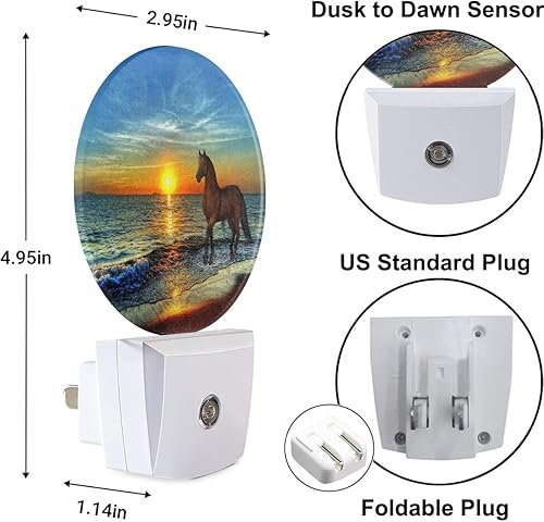 Miniatura 3 de Uanvaha Hermosa luz nocturna de puesta de sol con caballo marrón corriendo junto al mar, luces nocturnas enchufables a la pared, sensor de atardecer