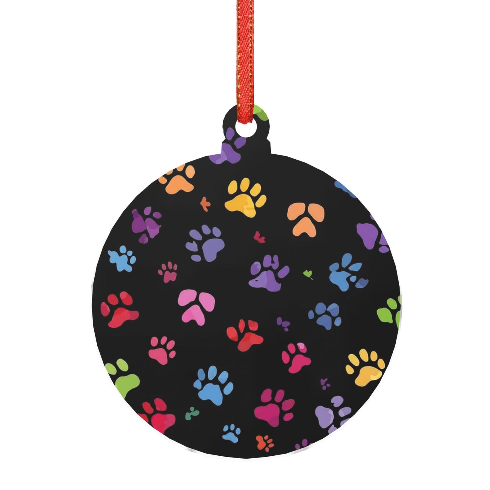 Acrylic Ornament Christmas Tree Decoration Clear Round Pendant with Red Ribbon Dog Paw Print Christmas Ornaments Indoor Outdoor Hanging Acrylic Pendants for Xmas Party Decor