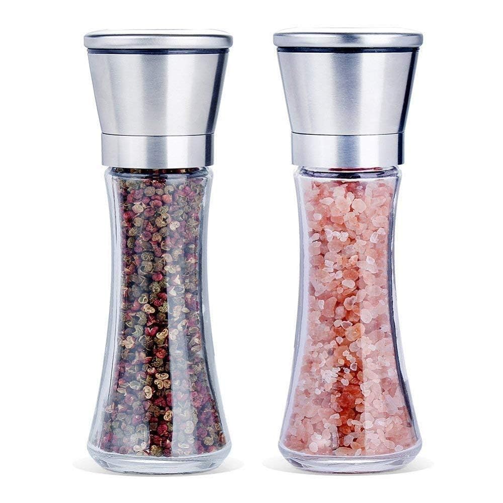 Marve Beautiful Stainless Steel Salt & Pepper Grinders Refillable Set - Salt/Spice Shakers with Adjustable Coarse Mills - Easy Clean Ceramic Grinders with Funnel (Big Pepper Mill 2 Pc)