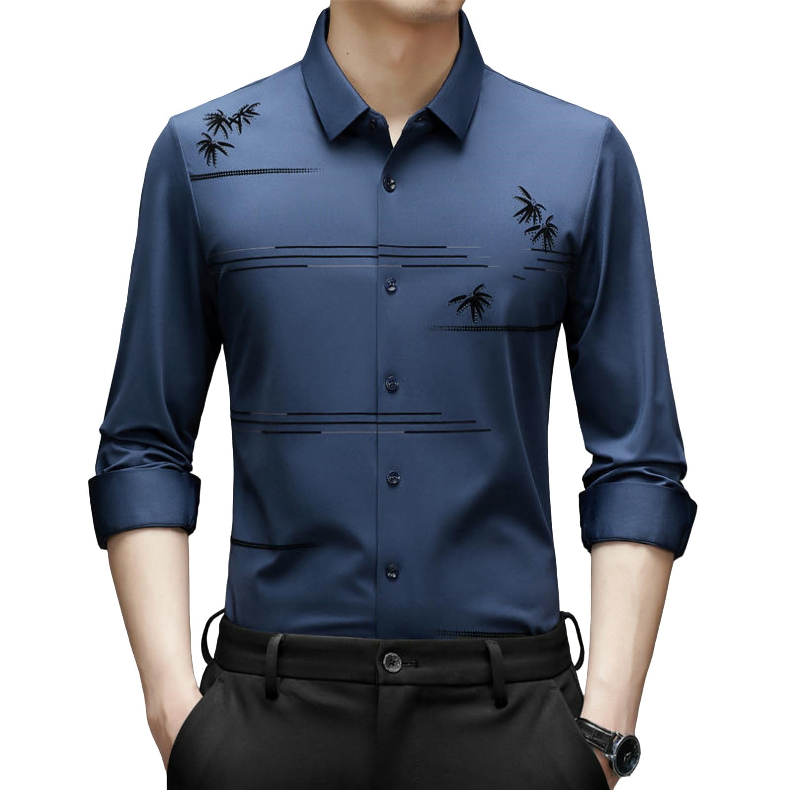 Camisa informal de manga larga para hombre con estampado, corte ajustado, cuello de solapa, resistente a las arrugas, ligera, con botones