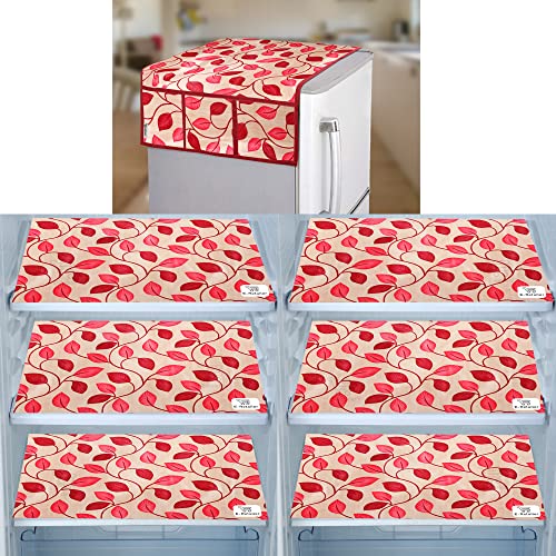 Image of Polyester 3-Layered Fridge Top Cover /Refrigerator Cover With Utility Pockets and Set of 6 Pc Fridge Mats (Color-Leaf Red, Size-39x21 Inch)